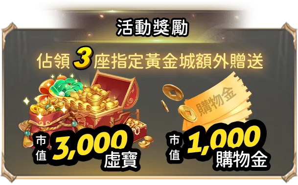 活動獎勵-佔領3座指定黃金城國家獲得，市值3,000虛寶、市值1,000購物金