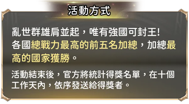 活動方式:亂世群雄肩並起，唯有強國可封王!各國總戰力最高的前五名加總，加總最高的國家獲勝。
        活動結束後，官方將統計得獎名單，在十個工作天內，依序發送給得獎者。
